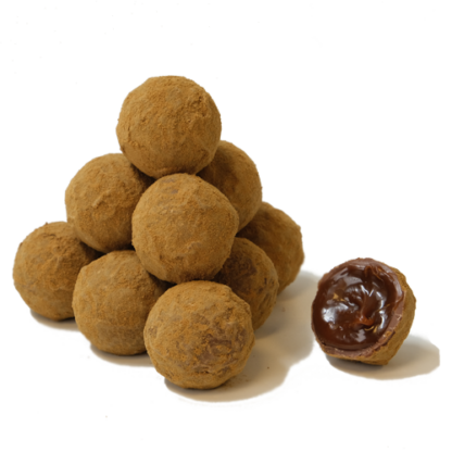 A truffle made of milk chocolate filled with a salty licorice caramel with ammonium chloride salt and muscovado sugar, finally rolled in licorice powder.