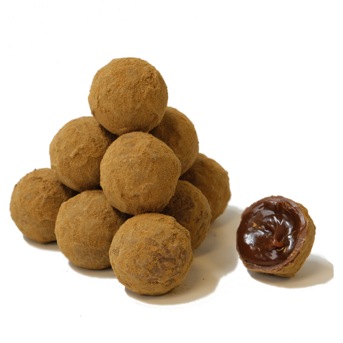 A truffle made of milk chocolate filled with a salty licorice caramel with ammonium chloride salt and muscovado sugar, finally rolled in licorice powder.