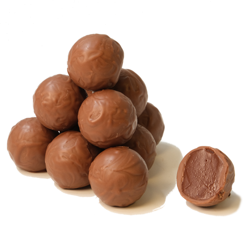 A truffle ball filled with ganache made from the milk chocolate Sao Palme 43% Dark Milk. A milk chocolate with a slightly higher cocoa content than regular milk chocolate.